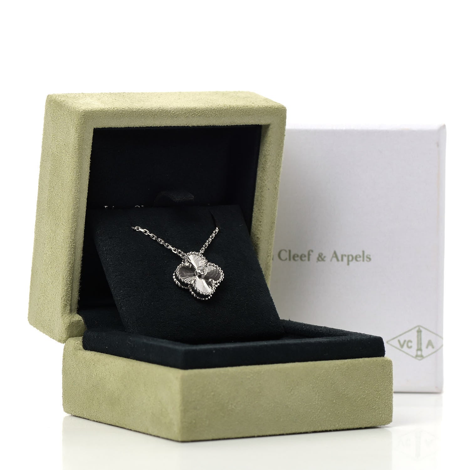 Van Cleef & Arpels 18K White Gold Diamond Guilloche Vintage Alhambra Pendant Necklace 7 of 7