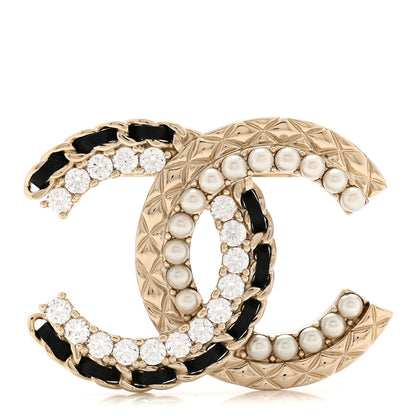 Chanel Lambskin Pearl Crystal Quilted CC Brooch Black Gold 1 of 4