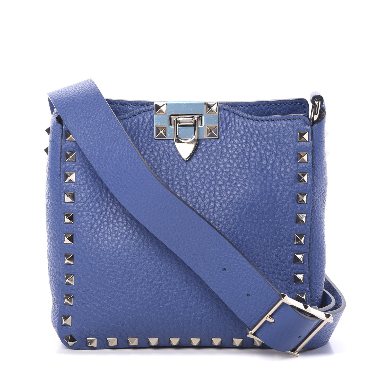 Pebbled Calfskin Mini Rockstud Flip-Lock Messenger Bag Blu Delft
