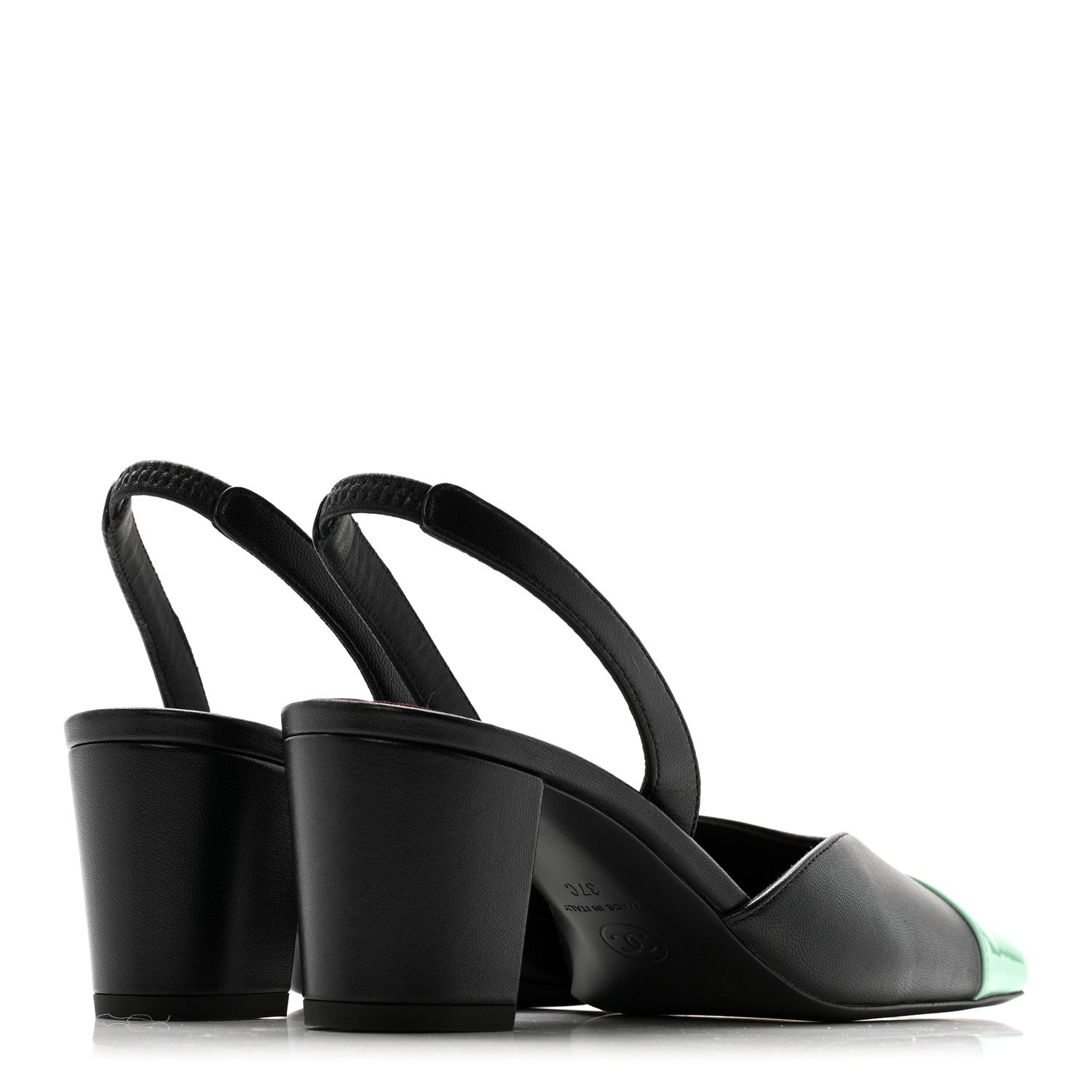 Chanel Lambskin Patent Calfskin Cap Toe CC Slingback Pumps 37 Black Green 5 of 10