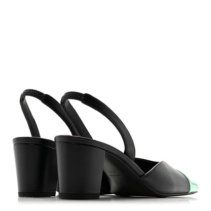 Chanel Lambskin Patent Calfskin Cap Toe CC Slingback Pumps 37 Black Green 5 of 10