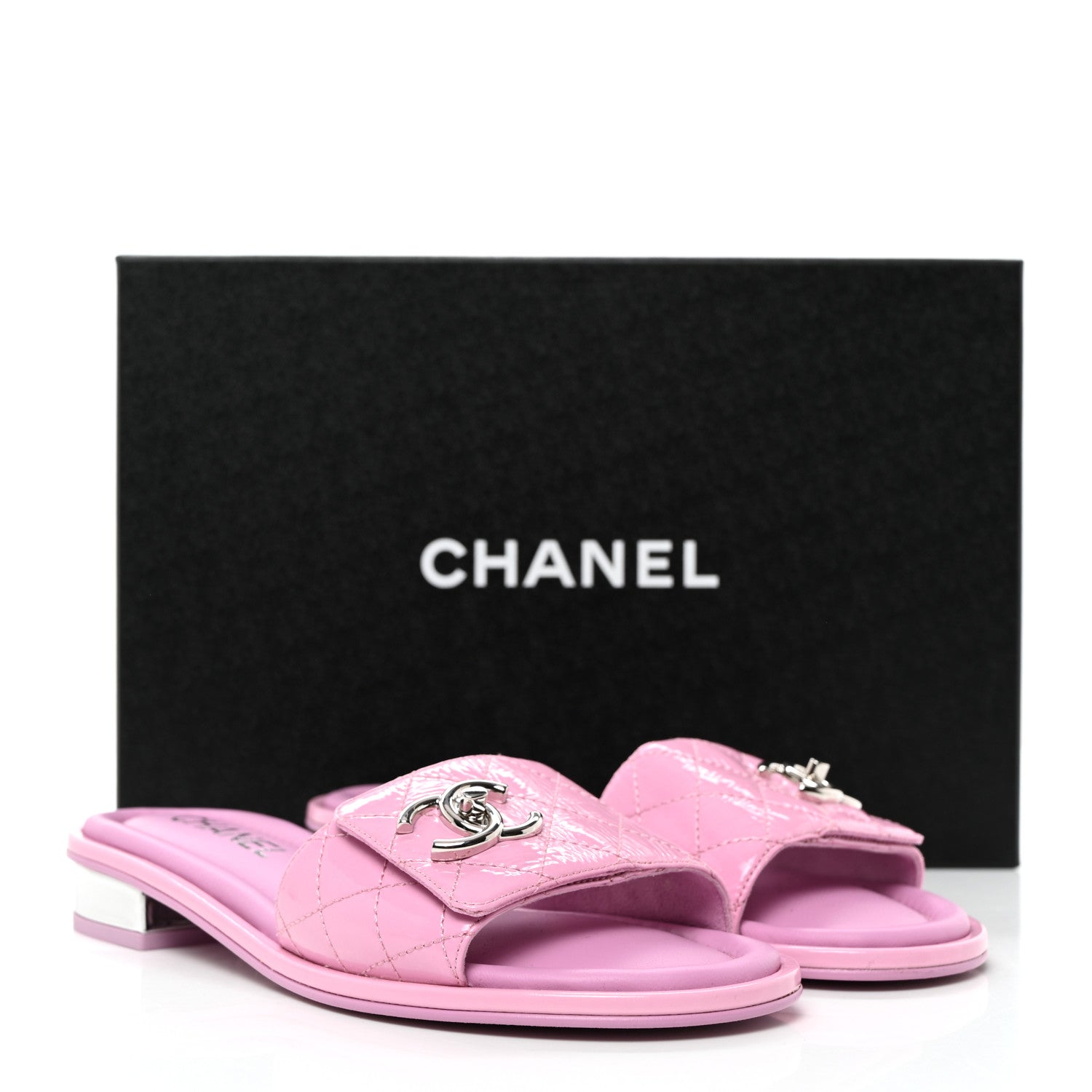 Chanel Patent Goatskin Quilted CC Mules Sandals 36.5 Pink 1454398