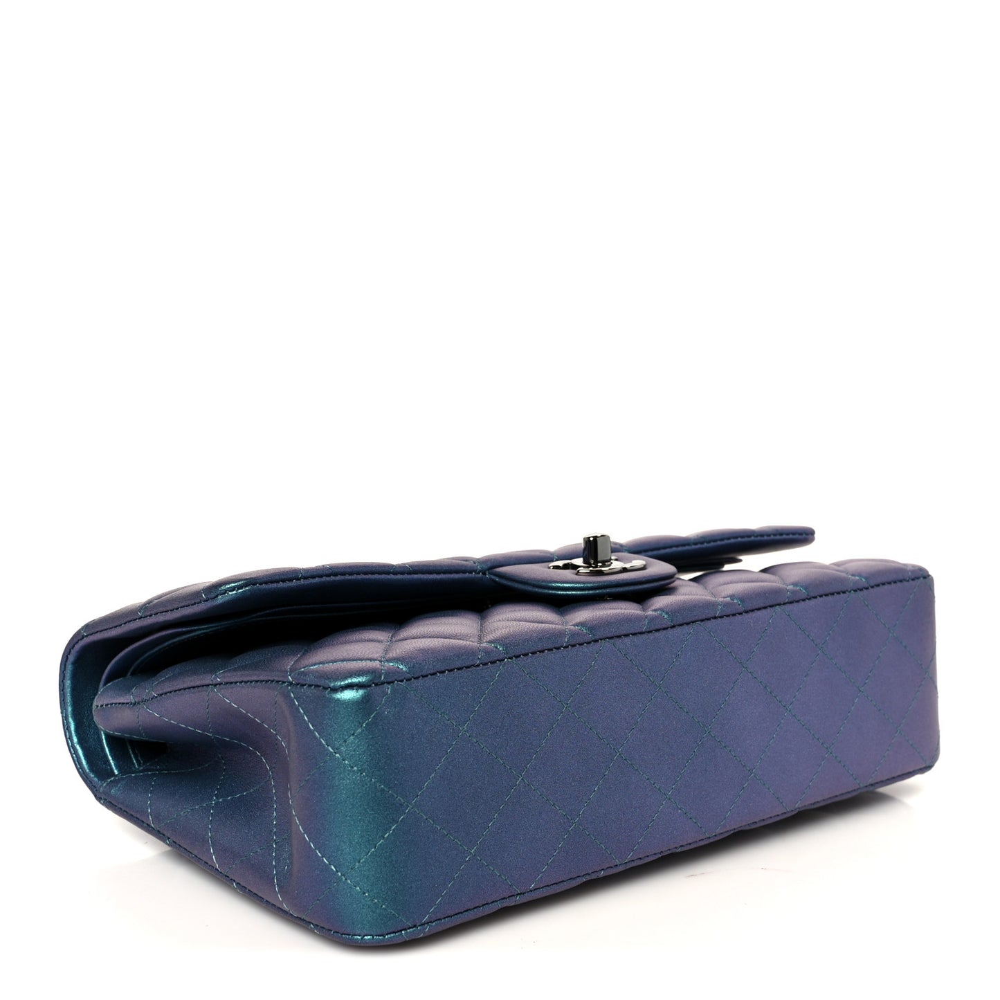 Metallic Lambskin Quilted Medium Double Flap Turquoise