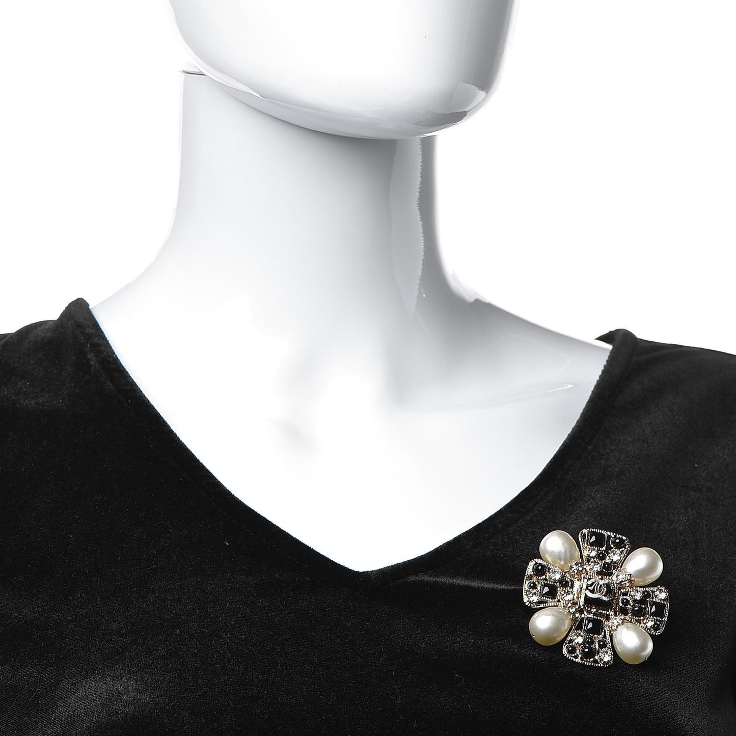 Gripoix Poured Glass Crystal Pearl Brooch Black Gold
