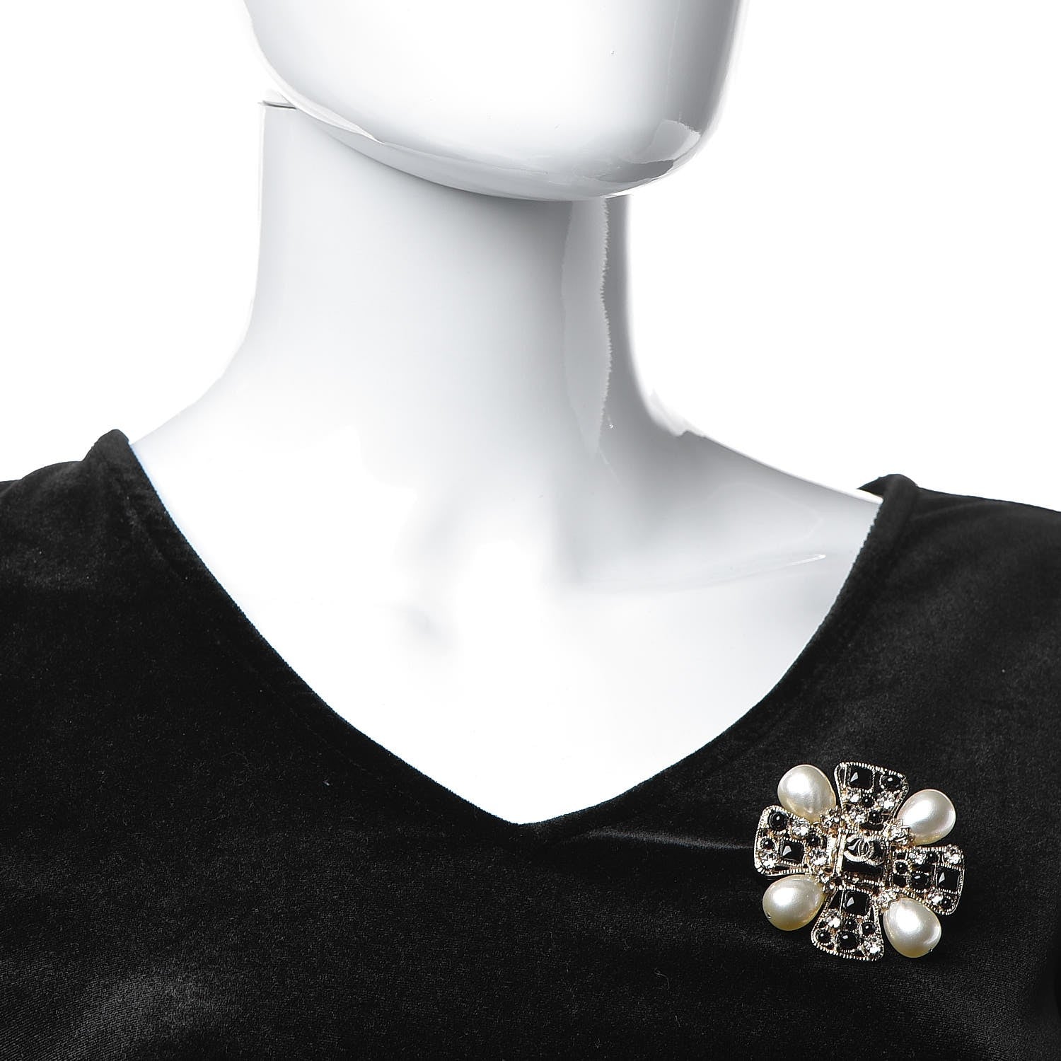 Chanel Gripoix Poured Glass Crystal Pearl Brooch Black Gold 2 of 5