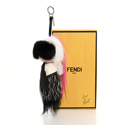 Fendi Fox Mink Goat Fur Nappa Karlito Bag Charm Black White Rosa 5 of 5