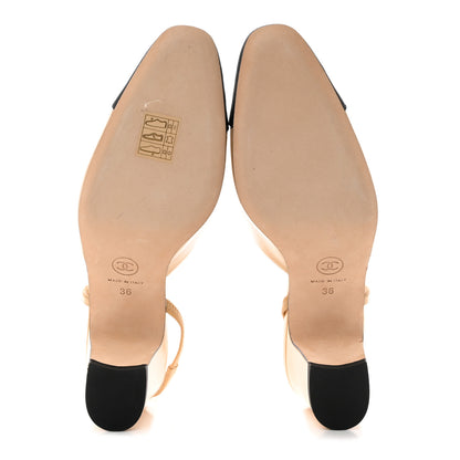Chanel Goatskin Grosgrain Cap Toe CC Slingback Pumps 38 Beige Black 5 of 9