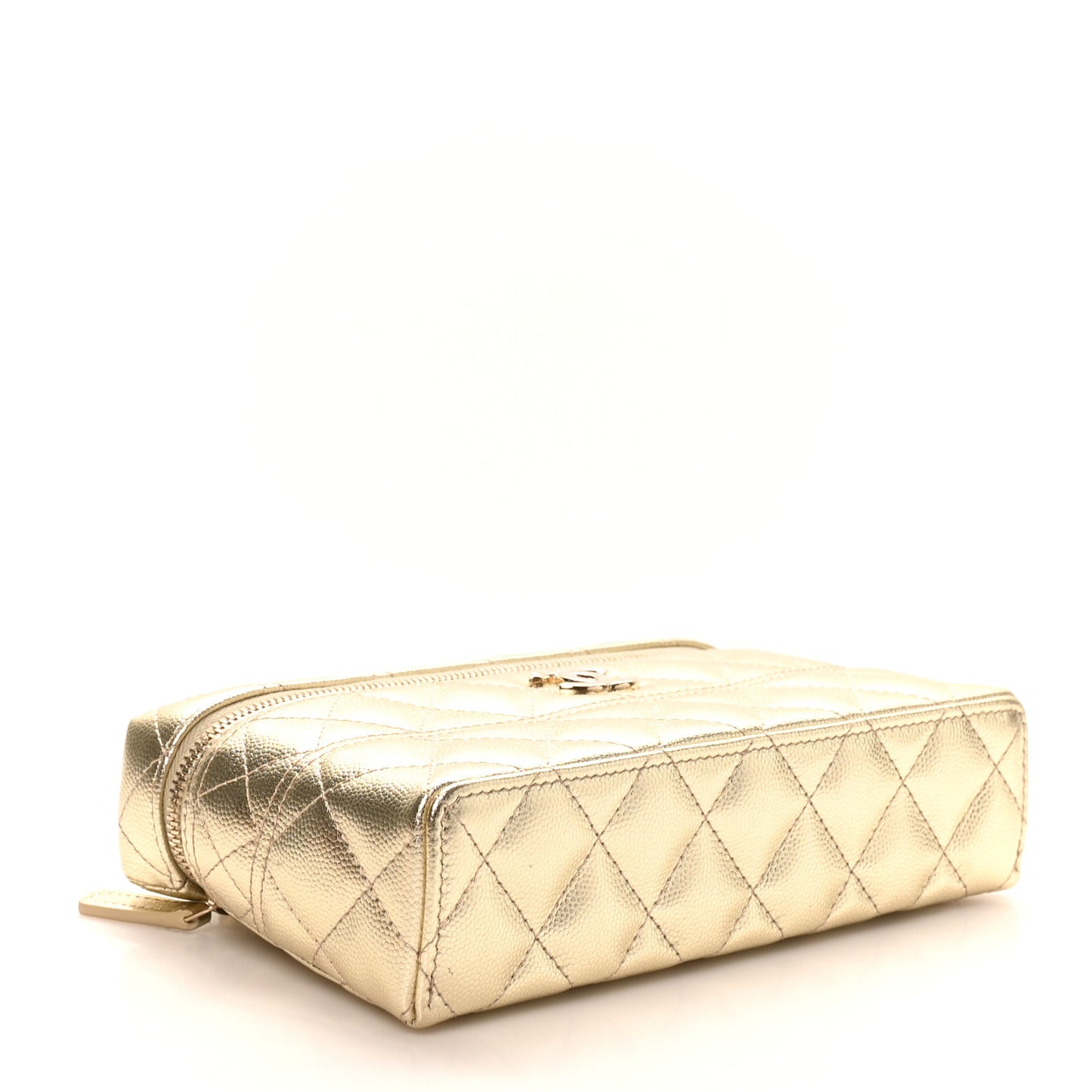 Metallic Caviar Quilted Trendy Handle Slim Vanity Gold