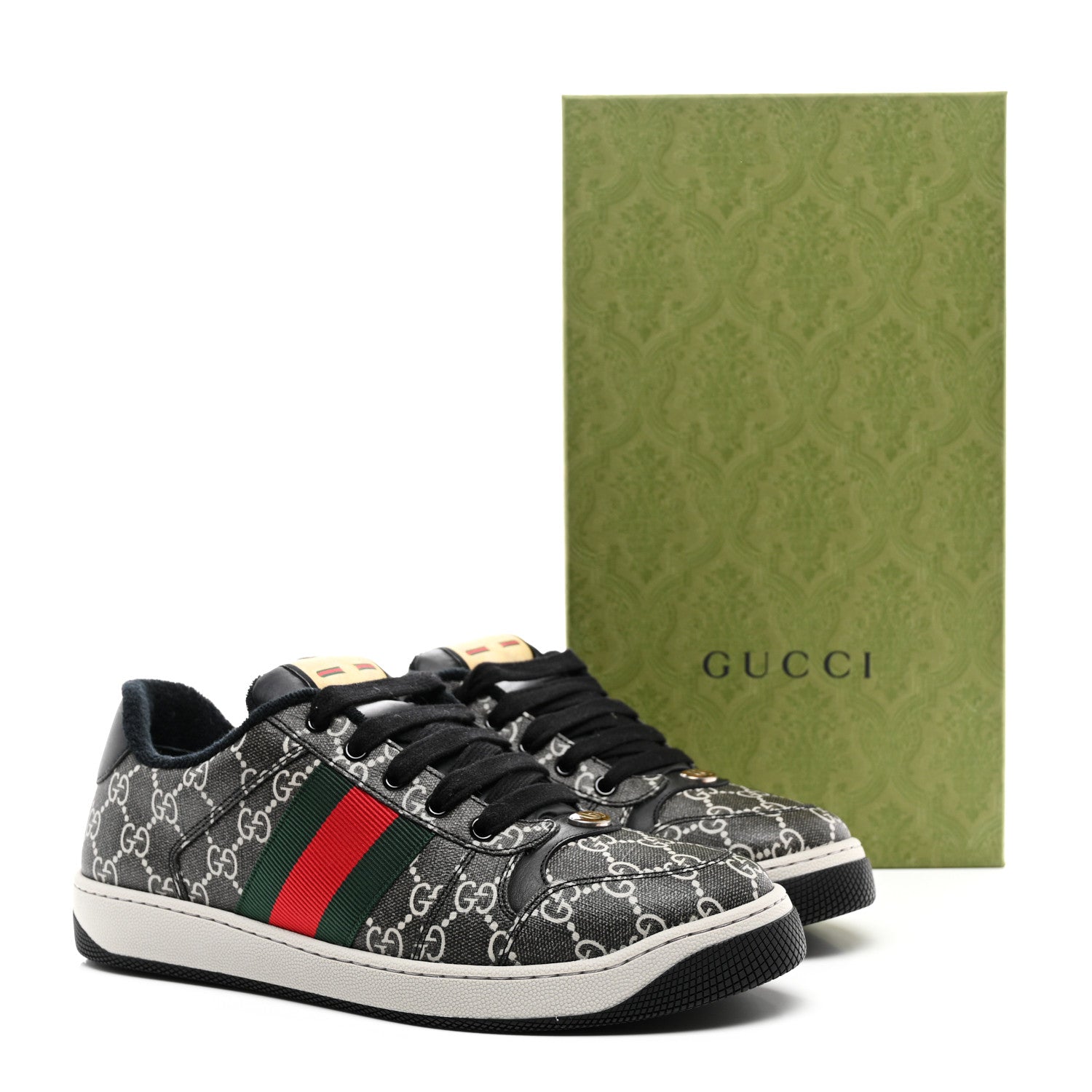 Gucci GG Supereme Monogram Miro Soft Calfskin Web Mens Screener Sneakers 8.5 Black Grey Sky 9 of 9