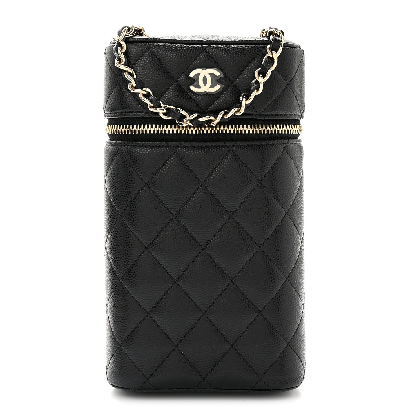 Caviar Quilted Phone Holder With Chain Black