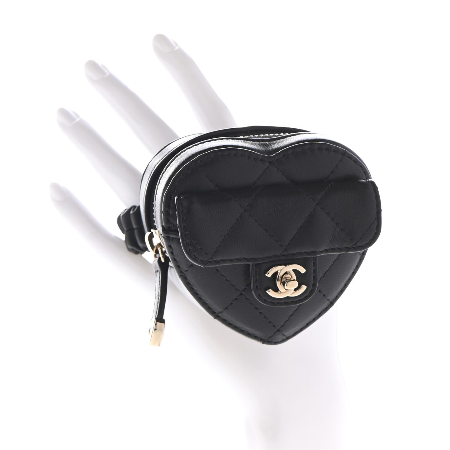 Lambskin Quilted CC In Love Heart Zipped Arm Coin Purse Black