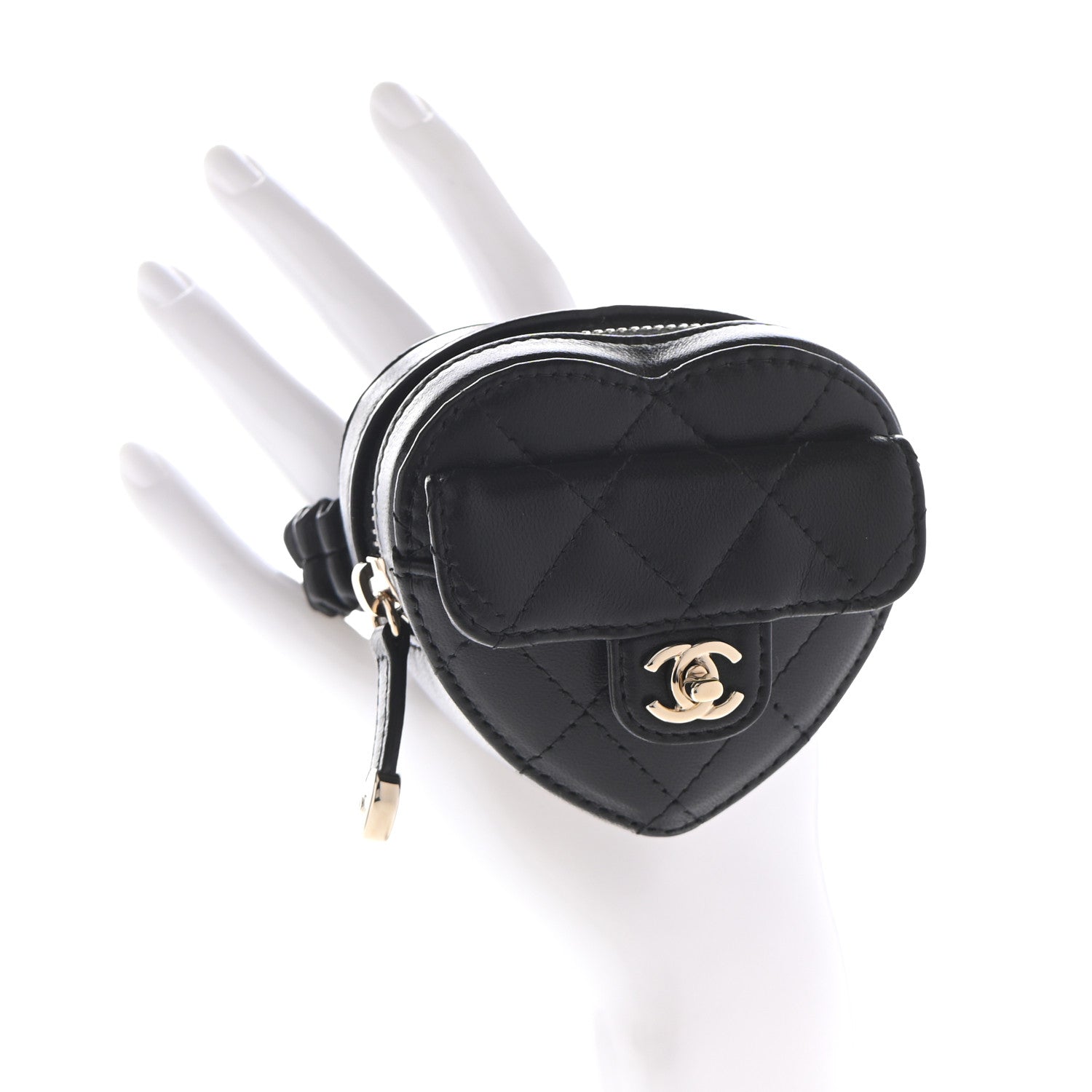 Chanel Lambskin Quilted CC In Love Heart Zipped Arm Coin Purse Black 2 of 6