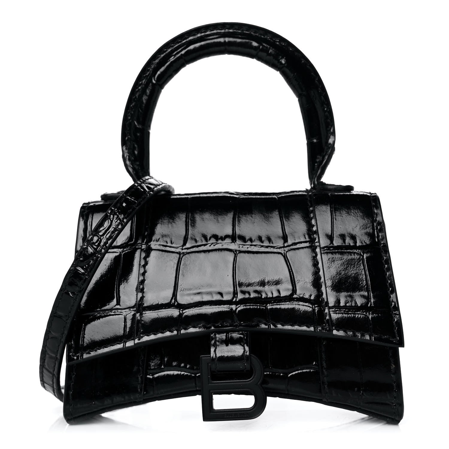 Balenciaga Shiny Calfskin Monochrome Crocodile Embossed Hourglass Top Handle Bag Mini Black 1 of 9