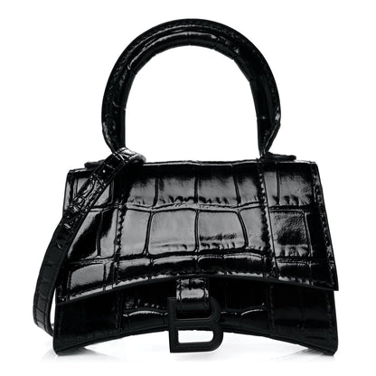 Balenciaga Shiny Calfskin Monochrome Crocodile Embossed Hourglass Top Handle Bag Mini Black 1 of 9
