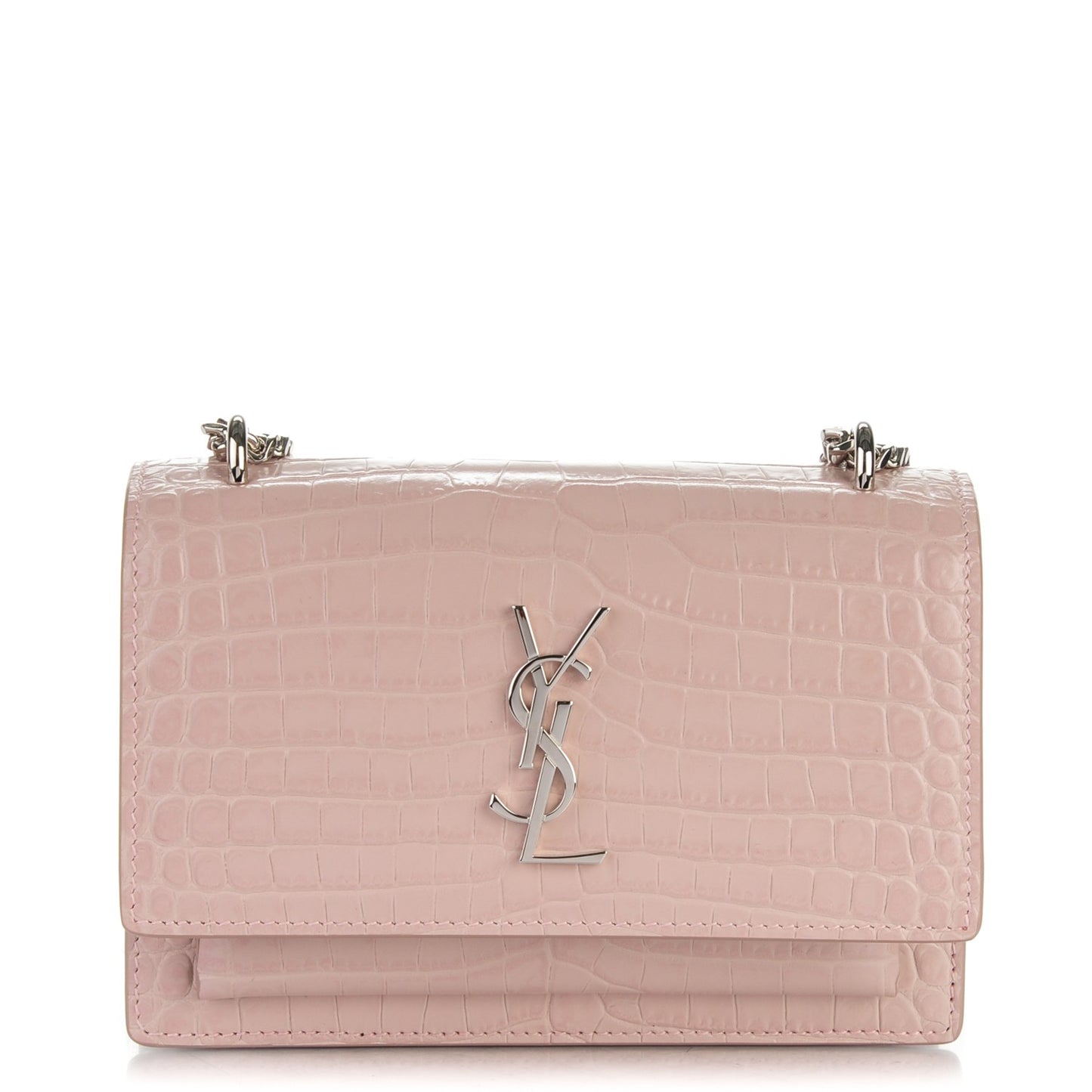 Calfskin Crocodile Embossed Monogram Sunset Chain Wallet Soft Nude