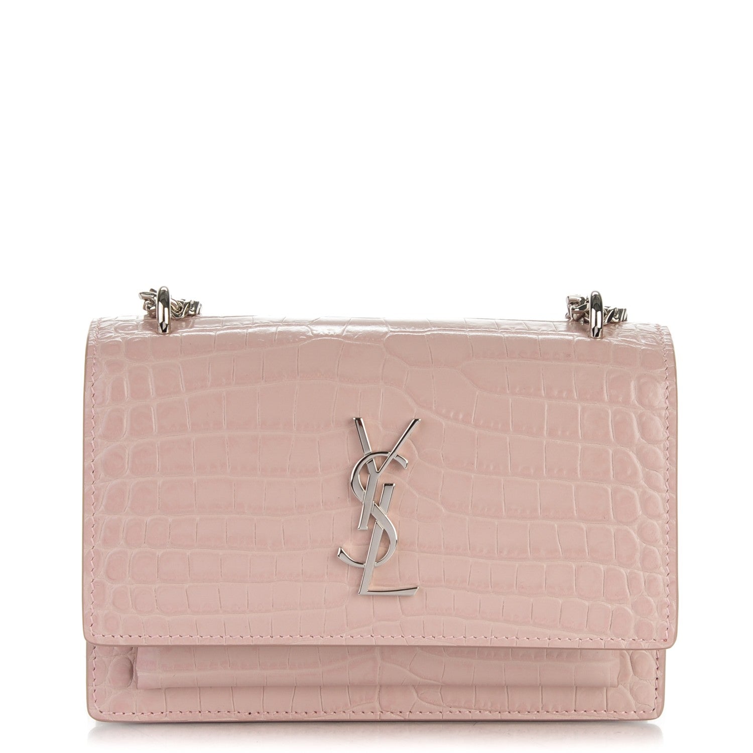 Saint Laurent Calfskin Crocodile Embossed Monogram Sunset Chain Wallet Soft Nude 1 of 7