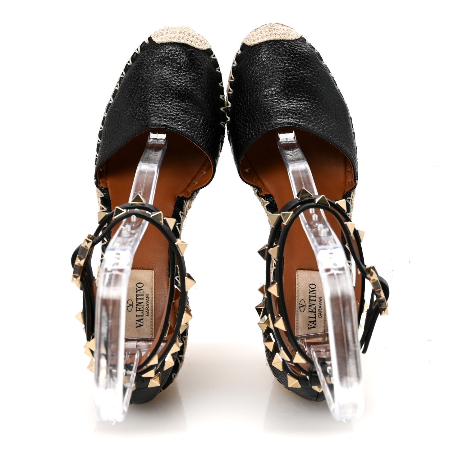 Grained Calfskin Rockstud Ankle Wrap Espadrille 15/85mm Wedges 37 Black Light Cuir