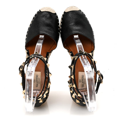 Valentino Garavani Grained Calfskin Rockstud Ankle Wrap Espadrille 15/85mm Wedges 37 Black Light Cuir 2 of 10