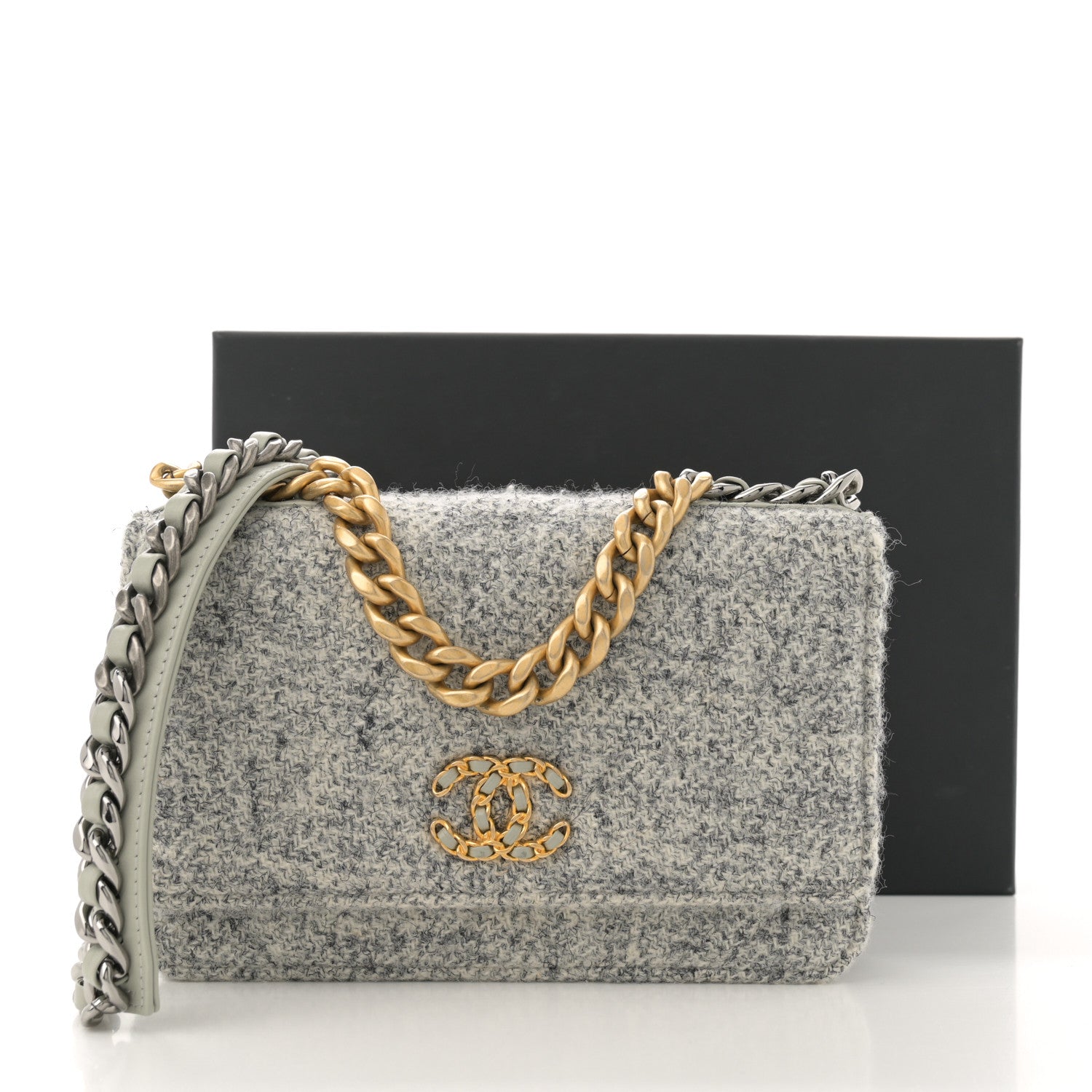 Chanel Wool Tweed Lambskin Quilted Chanel 19 Wallet On Chain WOC Grey Ecru 14 of 14