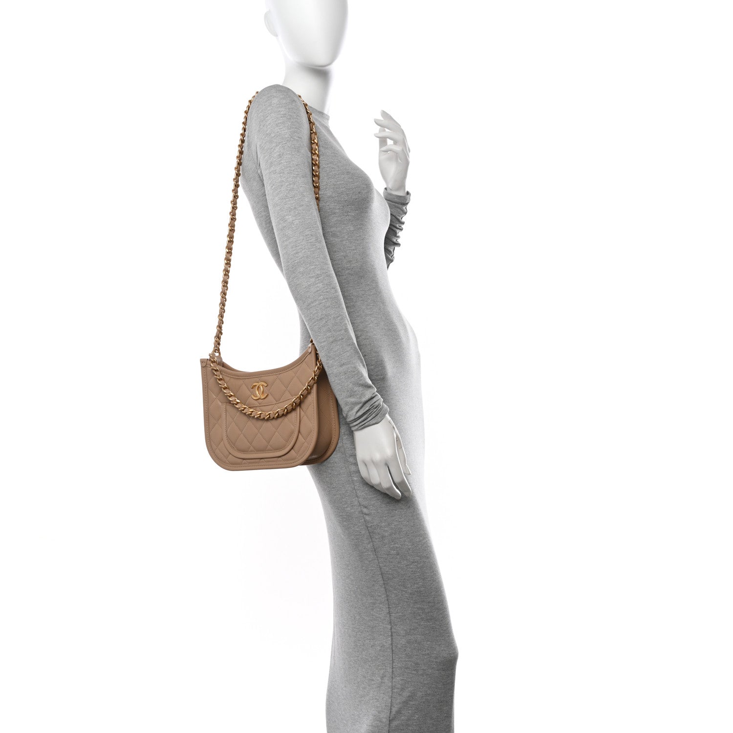 Chanel Calfskin Quilted CC Hobo Handbag Beige 2 of 10