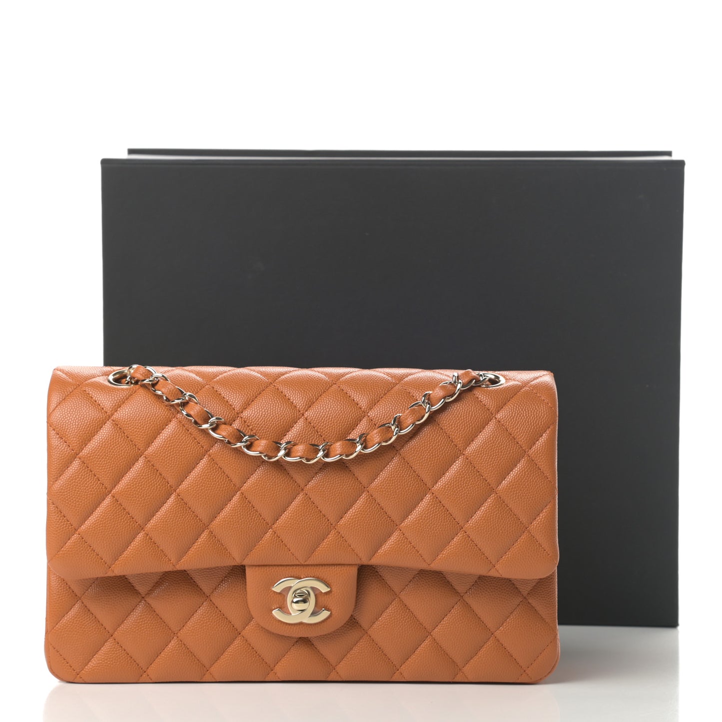 Caviar Quilted Medium Double Flap Light Brown
