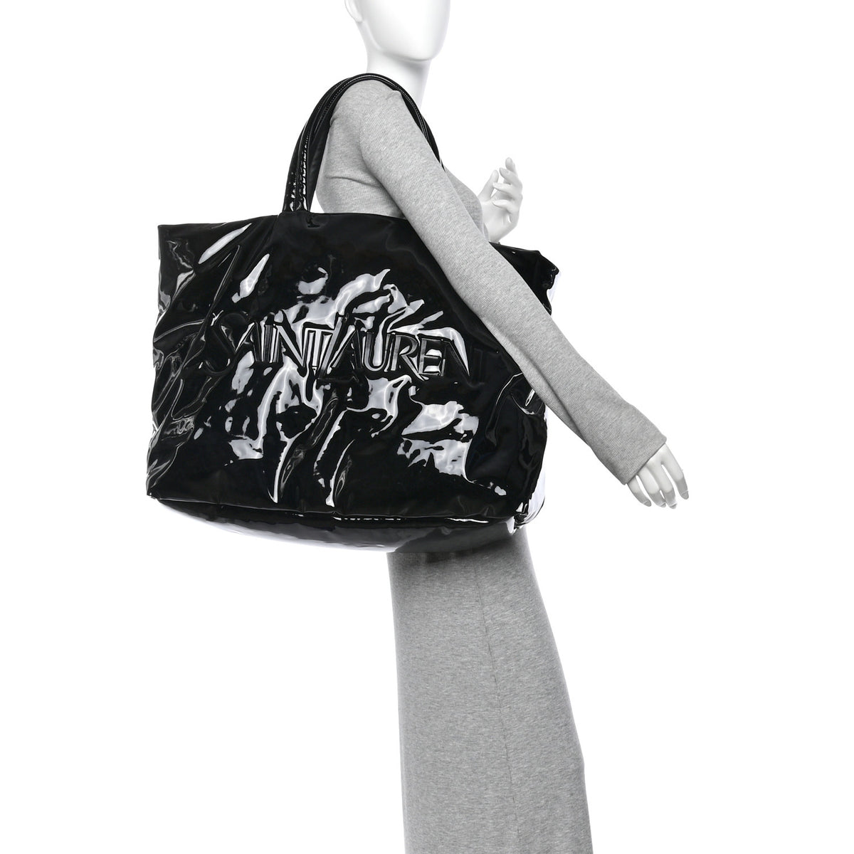 Patent Wide Puffer Maxi Tote Black