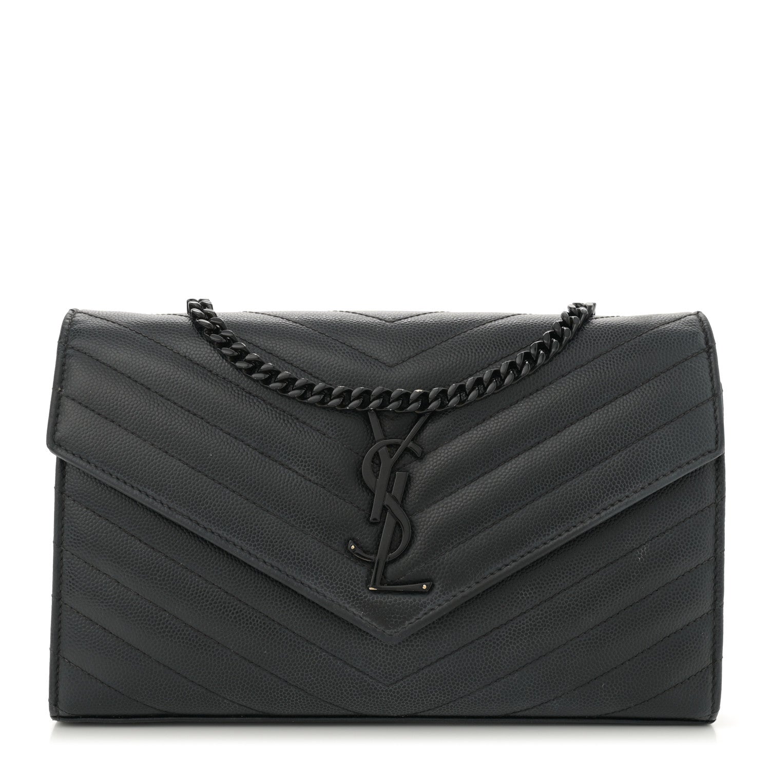 Saint Laurent Grain De Poudre Matelasse Chevron Monogram Monochrome Chain Wallet Black 1 of 15