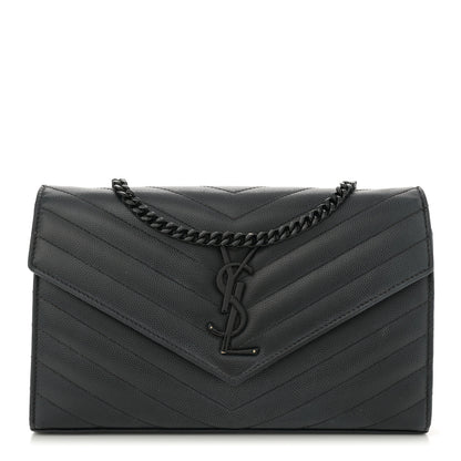Saint Laurent Grain De Poudre Matelasse Chevron Monogram Monochrome Chain Wallet Black 1 of 15