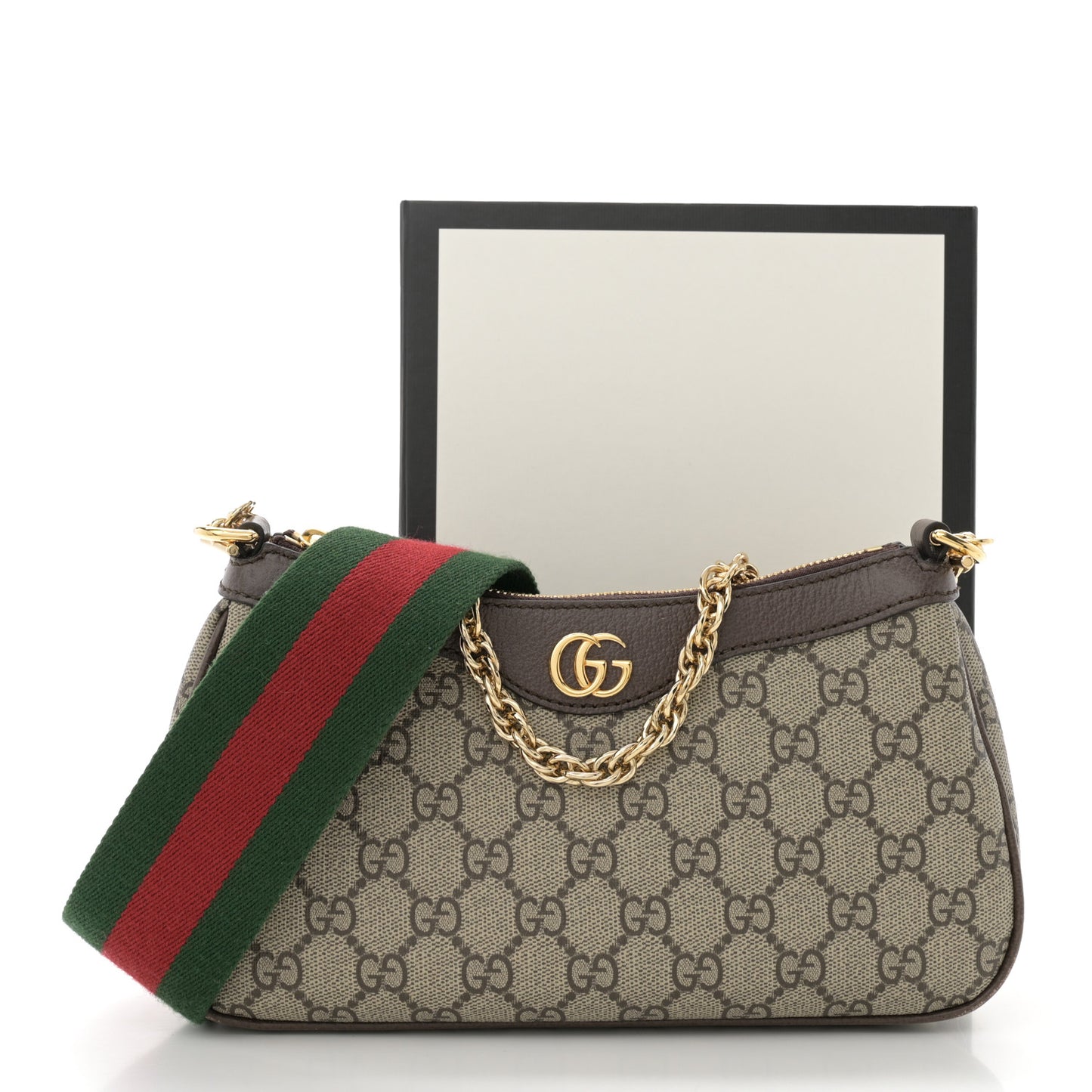 GG Supreme Monogram Textured Dollar Calfskin Web Small Ophidia GG Handbag Beige Ebony New Acero