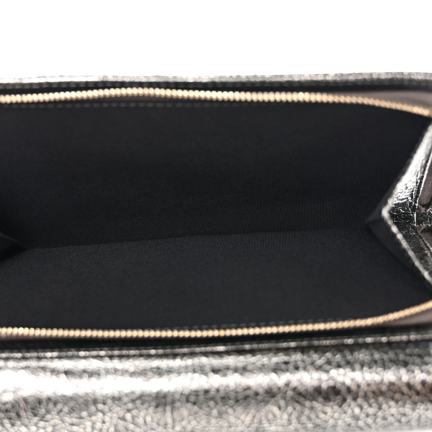Cracked Metallic Calfskin Quilted Zip Away Chain Clutch Dark Silver