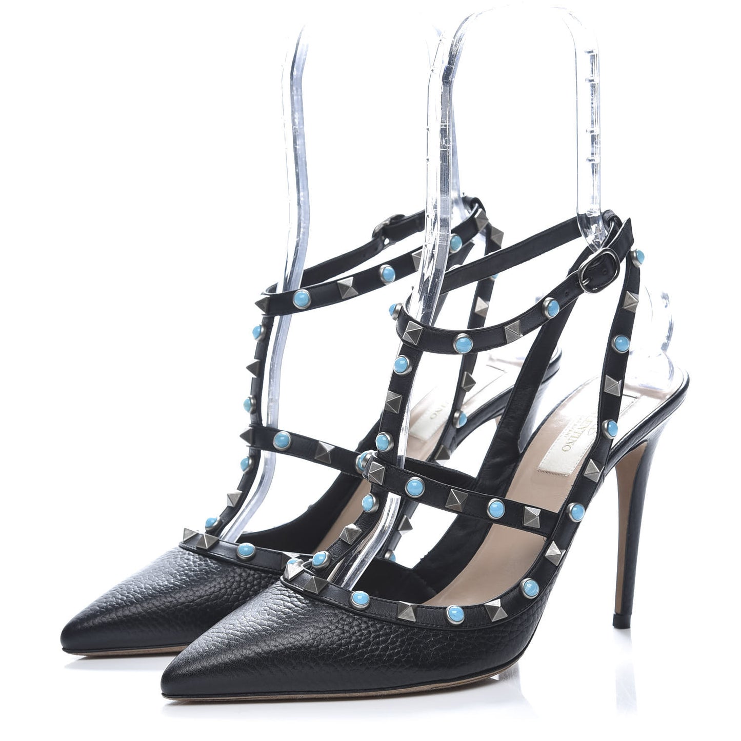 Pebbled Calfskin Turquoise Rockstud Rolling Ankle Strap 100mm Pumps 40.5 Black