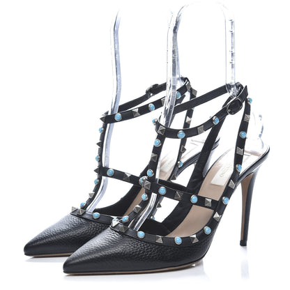 Valentino Garavani Pebbled Calfskin Turquoise Rockstud Rolling Ankle Strap 100mm Pumps 40.5 Black 3 of 9