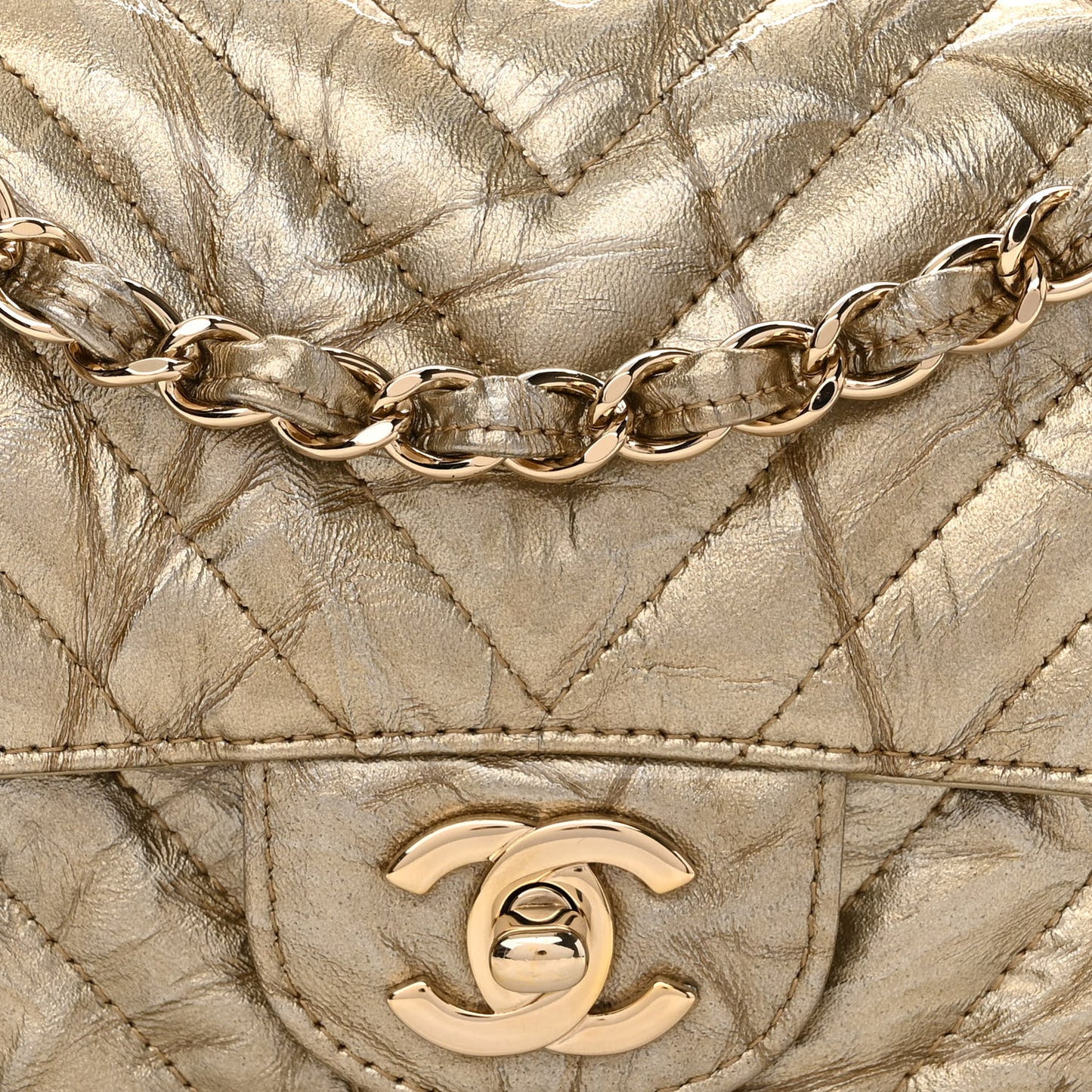 Patent Metallic Crumpled Calfskin Chevron Quilted Mini Rectangular Flap Gold