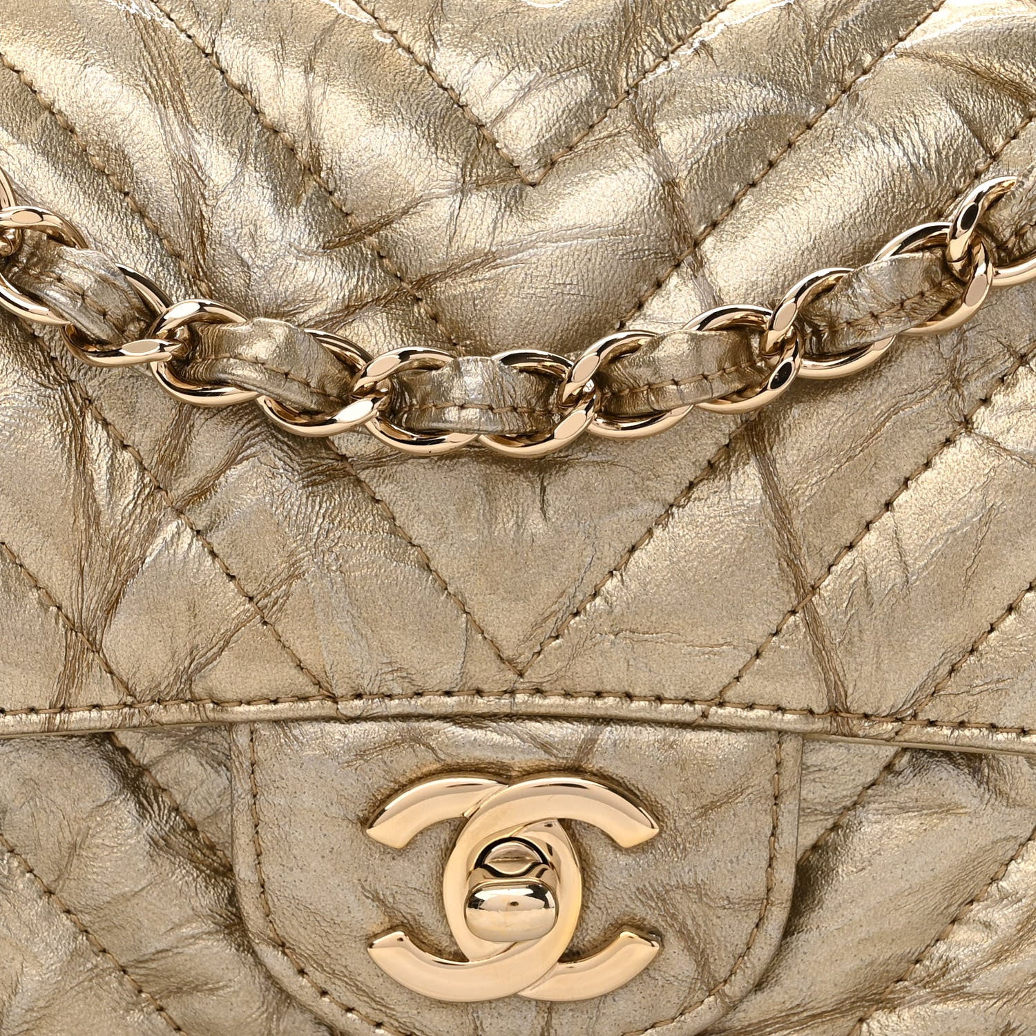 Chanel Patent Metallic Crumpled Calfskin Chevron Quilted Mini Rectangular Flap Gold 8 of 10