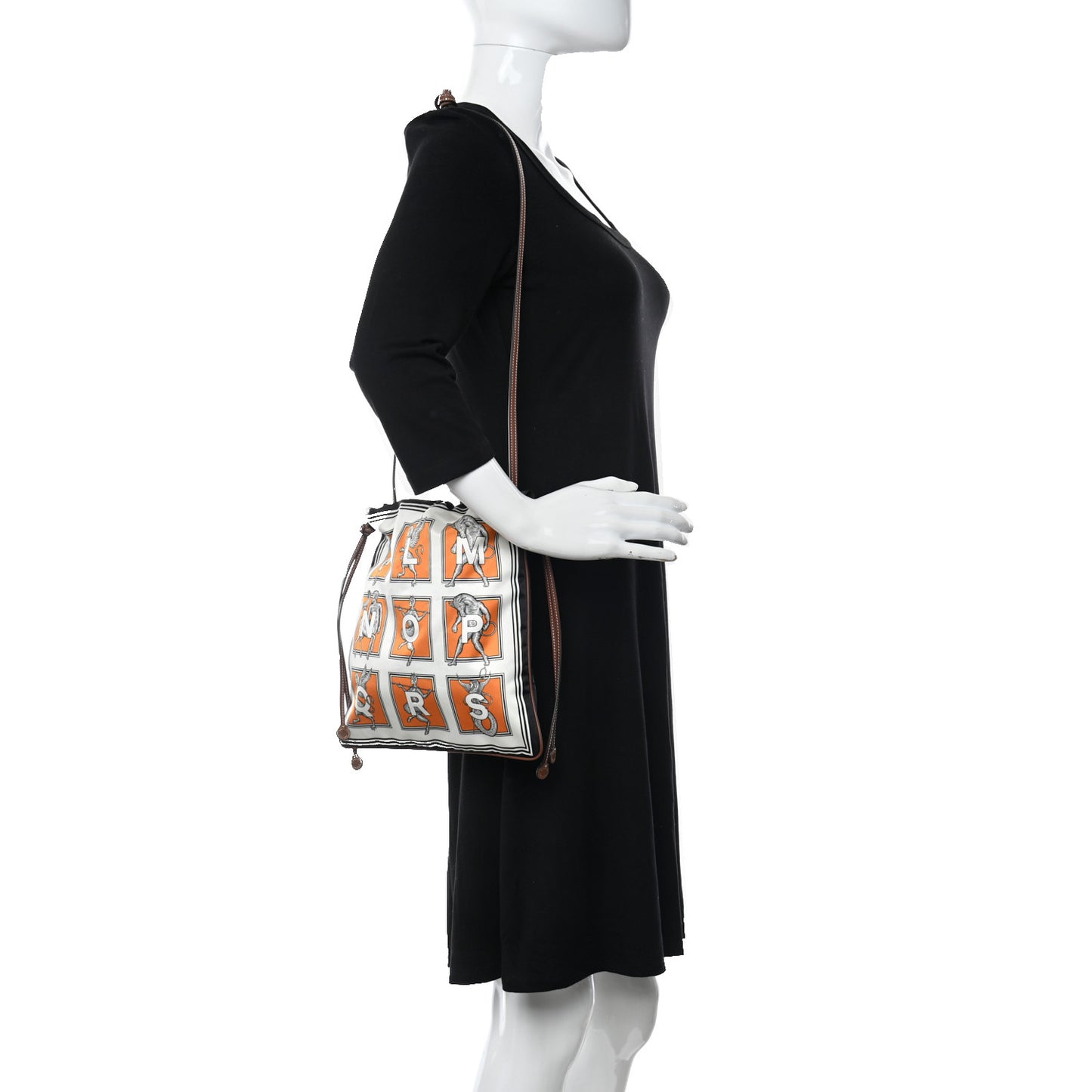 Satin Mythical Alphabet Drawstring Pouch Orange Black White