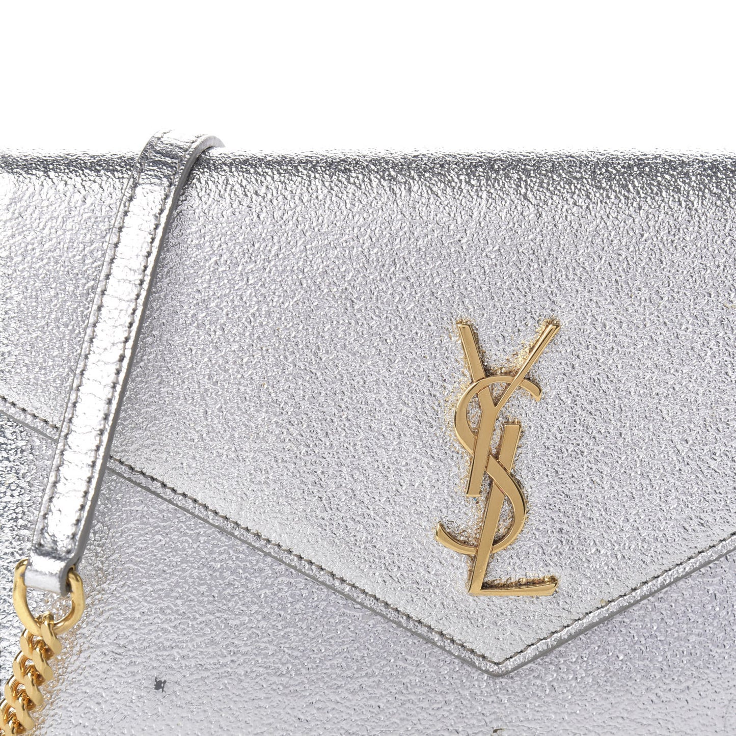 Metallic Calfskin Monogram Envelope Chain Wallet Platine