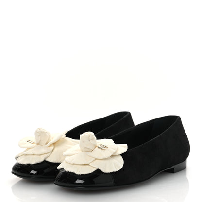 Chanel Suede Patent Cap Toe Camellia Ballerina Flats 36.5 Black White 4 of 10