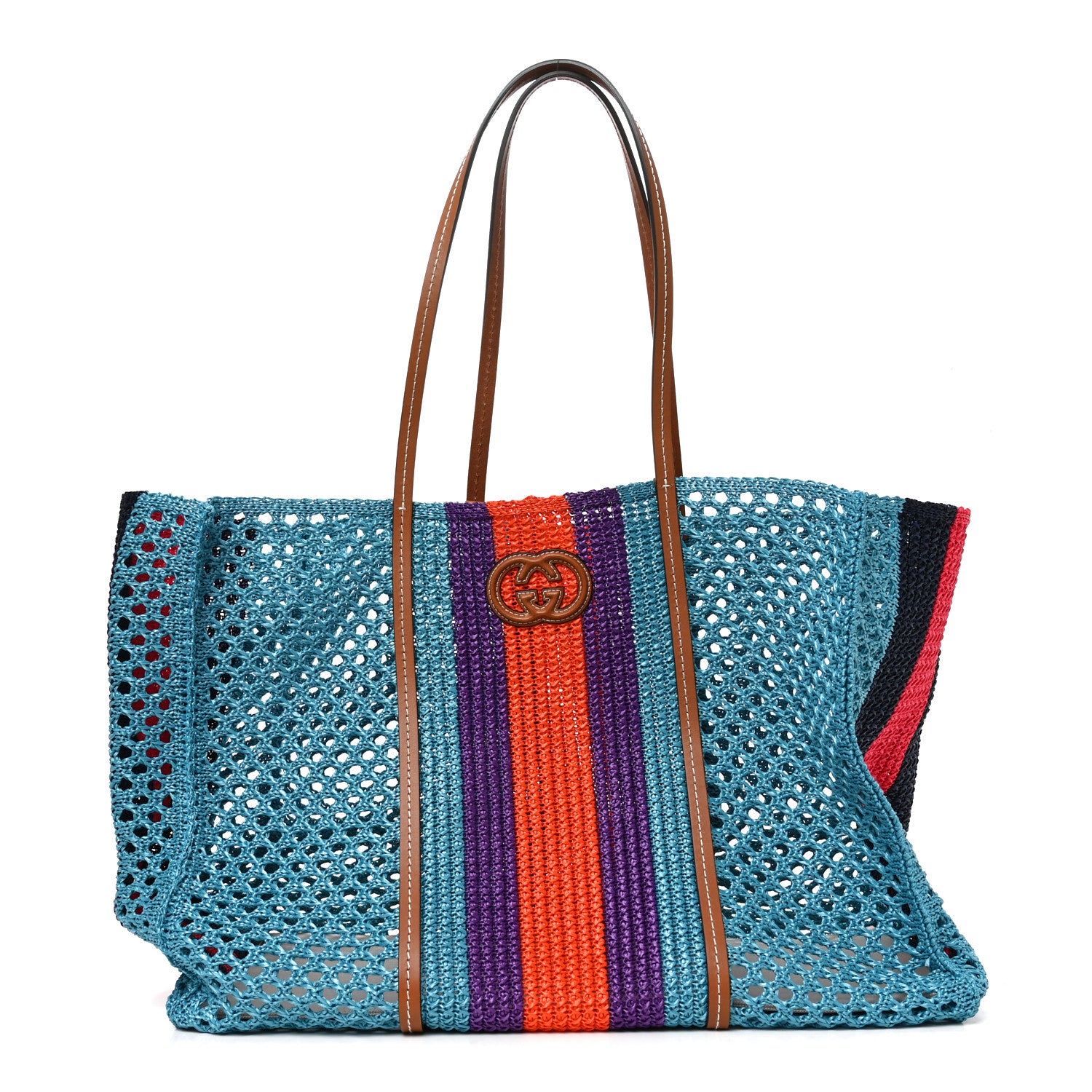 Gucci Raffia Web Woven Interlocking G Tote Blue Multicolor 1 of 10
