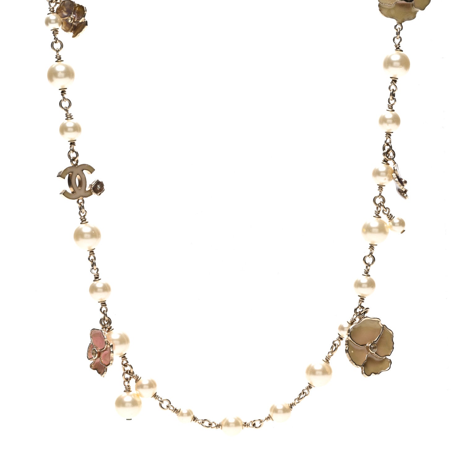 Chanel Pearl Enamel CC Camellia Necklace Gold Beige 1 of 6