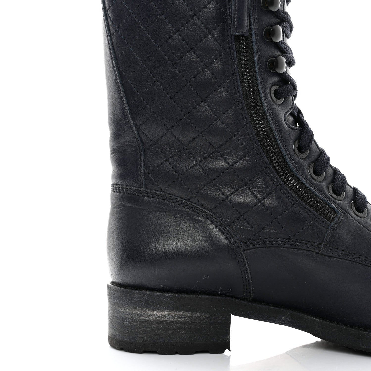 Chanel Sheepskin Quilted CC Tall Lace Up Combat Boots 40 Navy 10 of 11