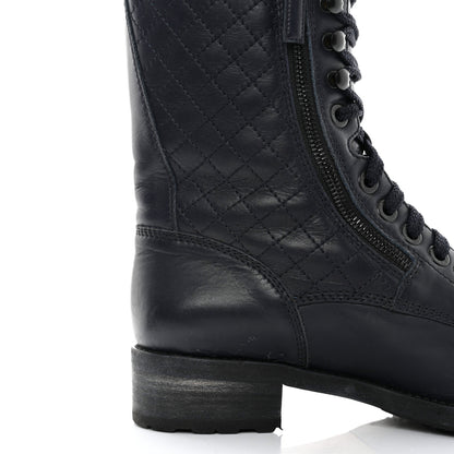 Chanel Sheepskin Quilted CC Tall Lace Up Combat Boots 40 Navy 10 of 11