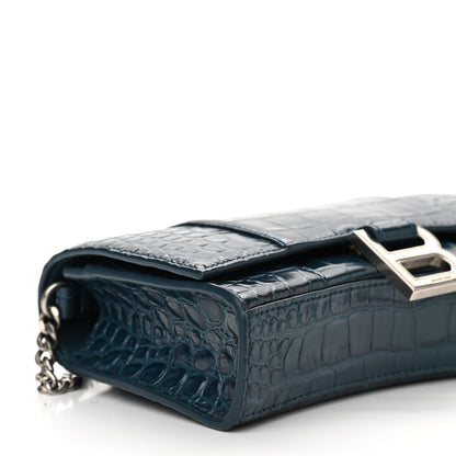 Balenciaga Shiny Calfskin Crocodile Embossed Hourglass Chain Bag Dark Petrol Blue 8 of 9