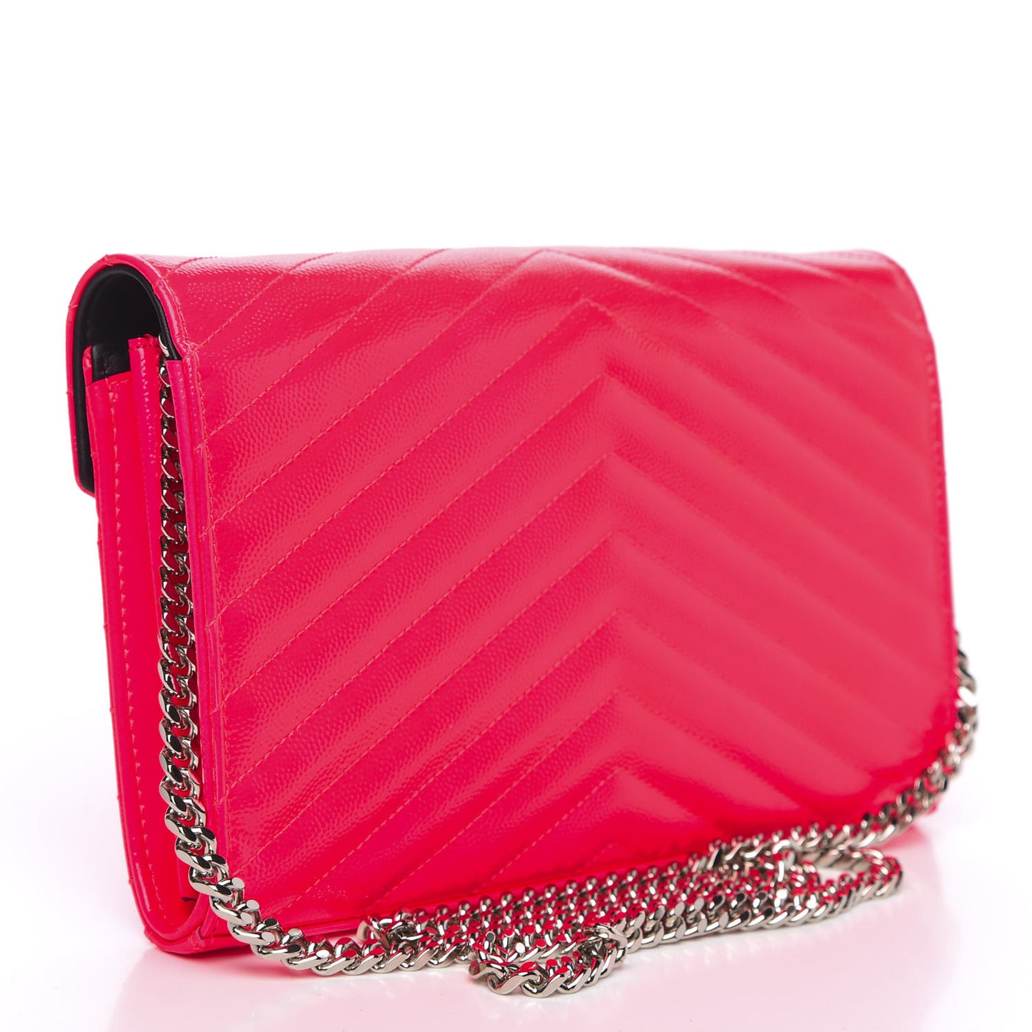 Patent Grain De Poudre Matelasse Chevron Monogram Chain Wallet Neon Pink
