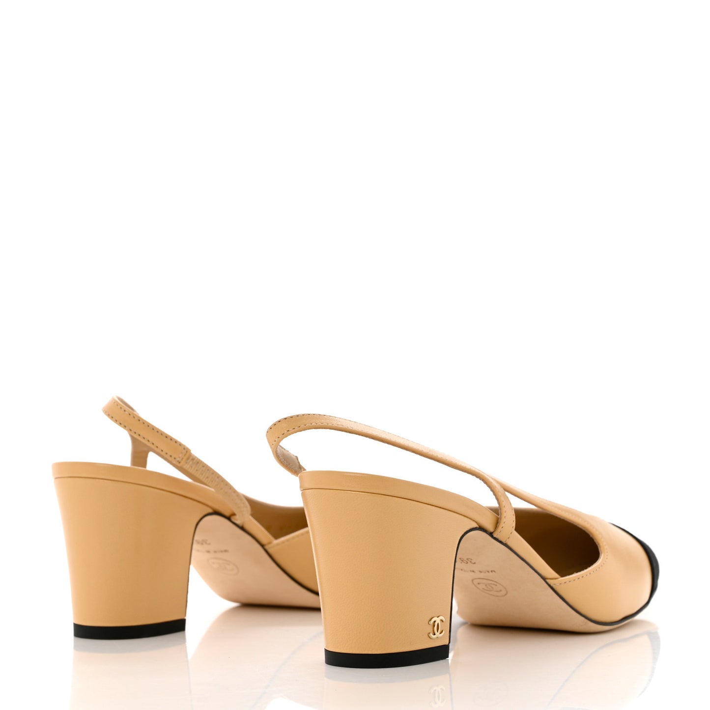 Goatskin Grosgrain Cap Toe CC Slingback Pumps 39.5 Beige Black