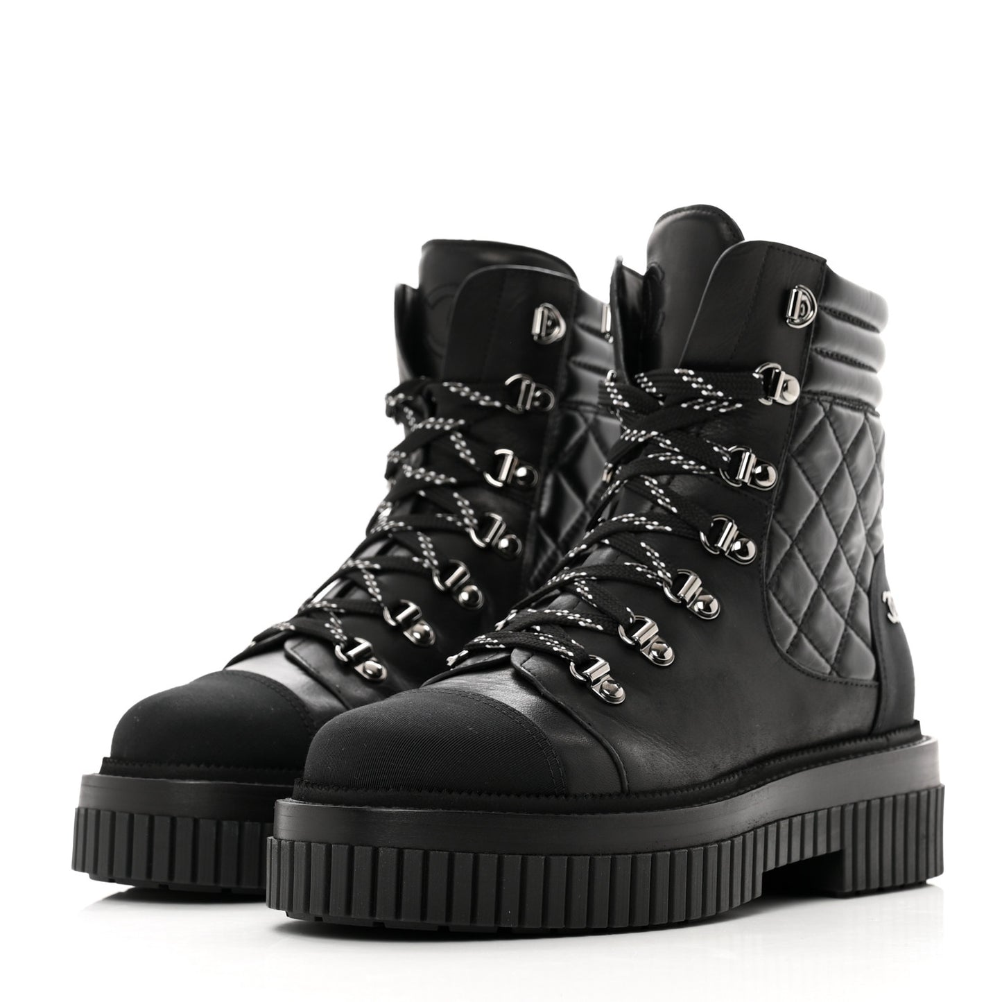 Calfskin Grosgrain Quilted Lace Up Boots 37.5 Black Grey