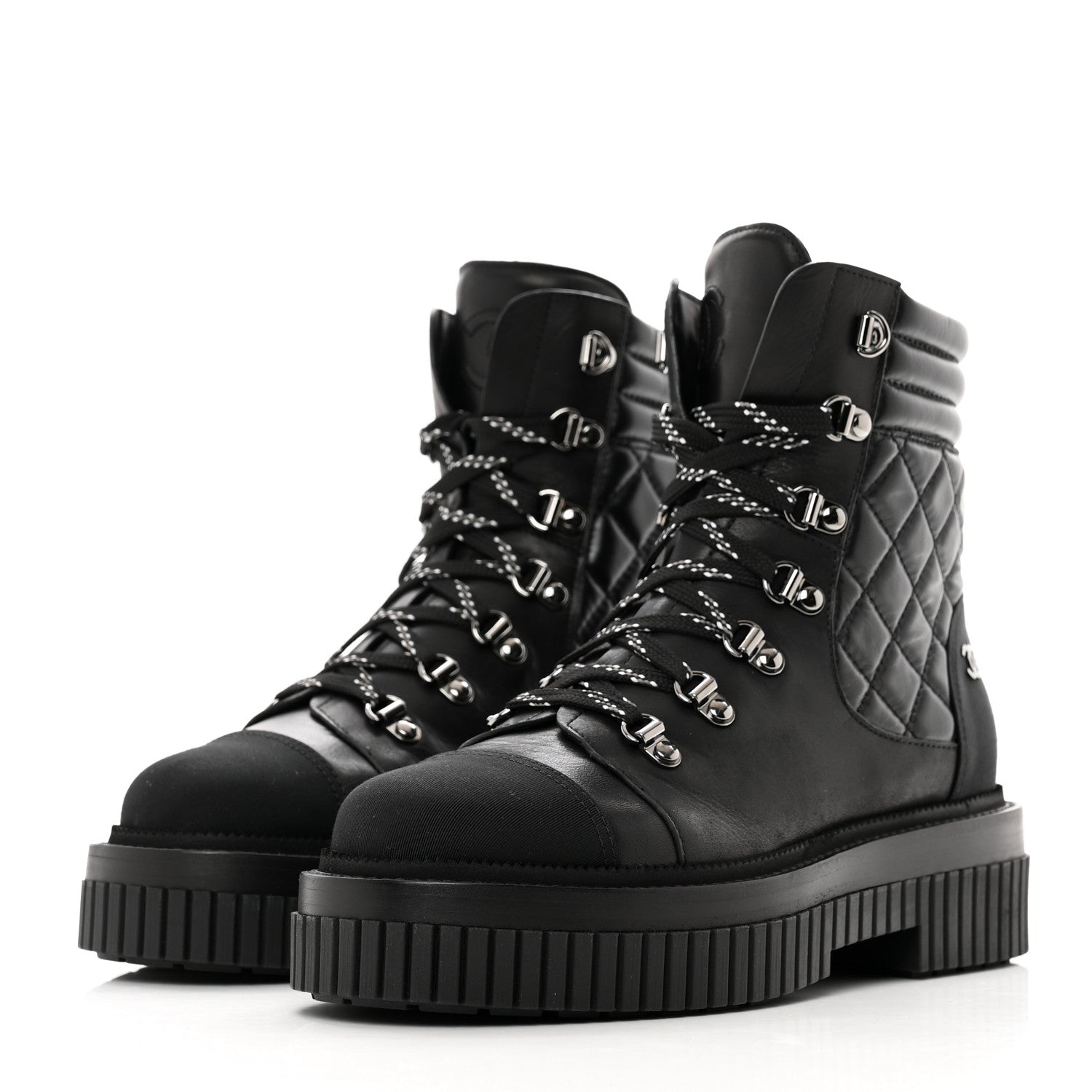 Chanel Calfskin Grosgrain Quilted Lace Up Boots 37.5 Black Grey 3 of 9