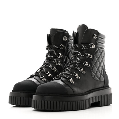 Chanel Calfskin Grosgrain Quilted Lace Up Boots 37.5 Black Grey 3 of 9