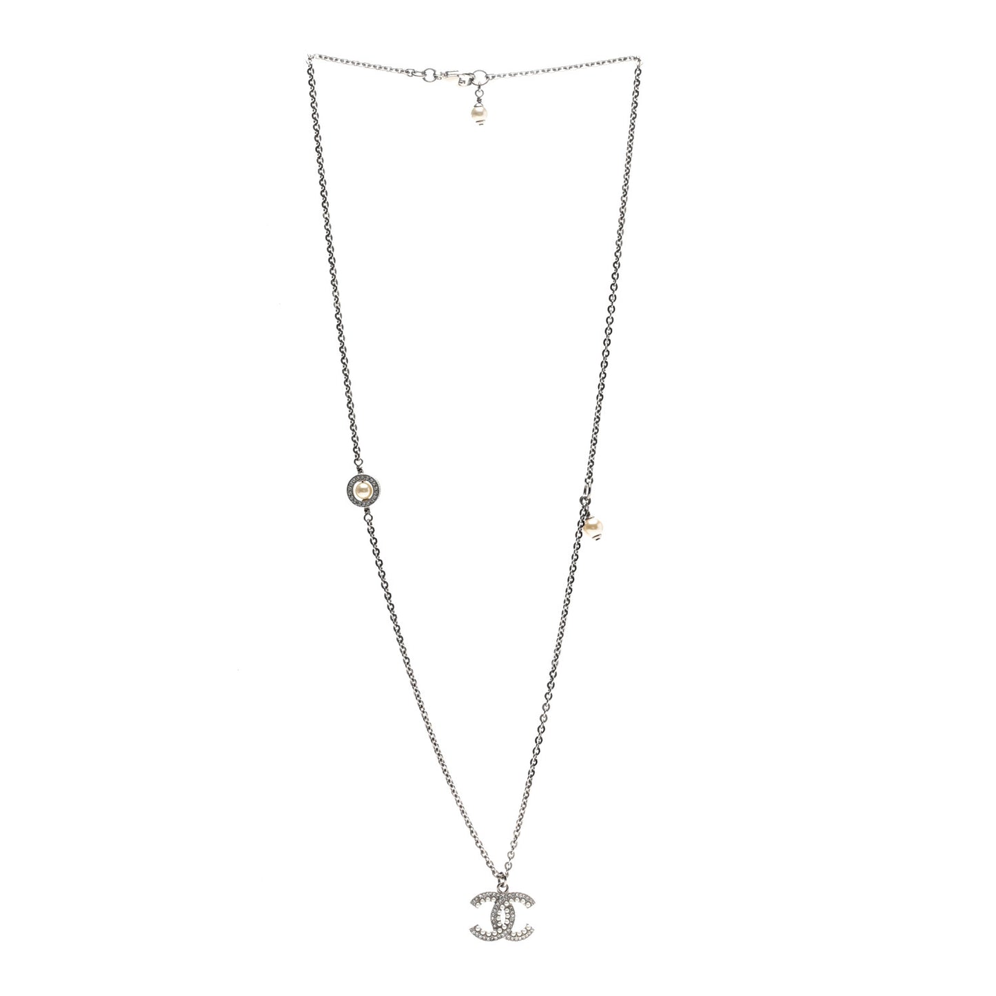 Crystal Pearl CC Pendant Necklace Silver