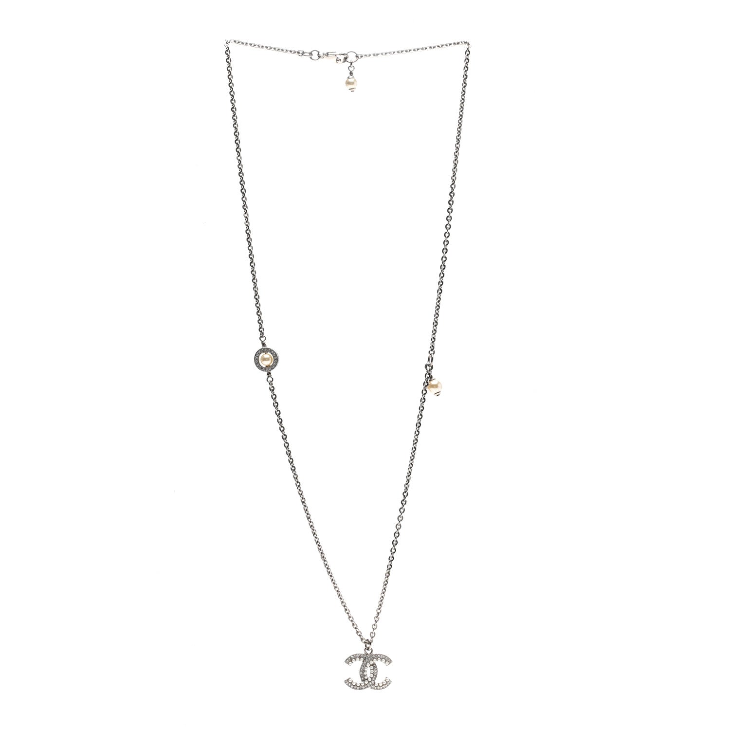 Chanel Crystal Pearl CC Pendant Necklace Silver 3 of 7
