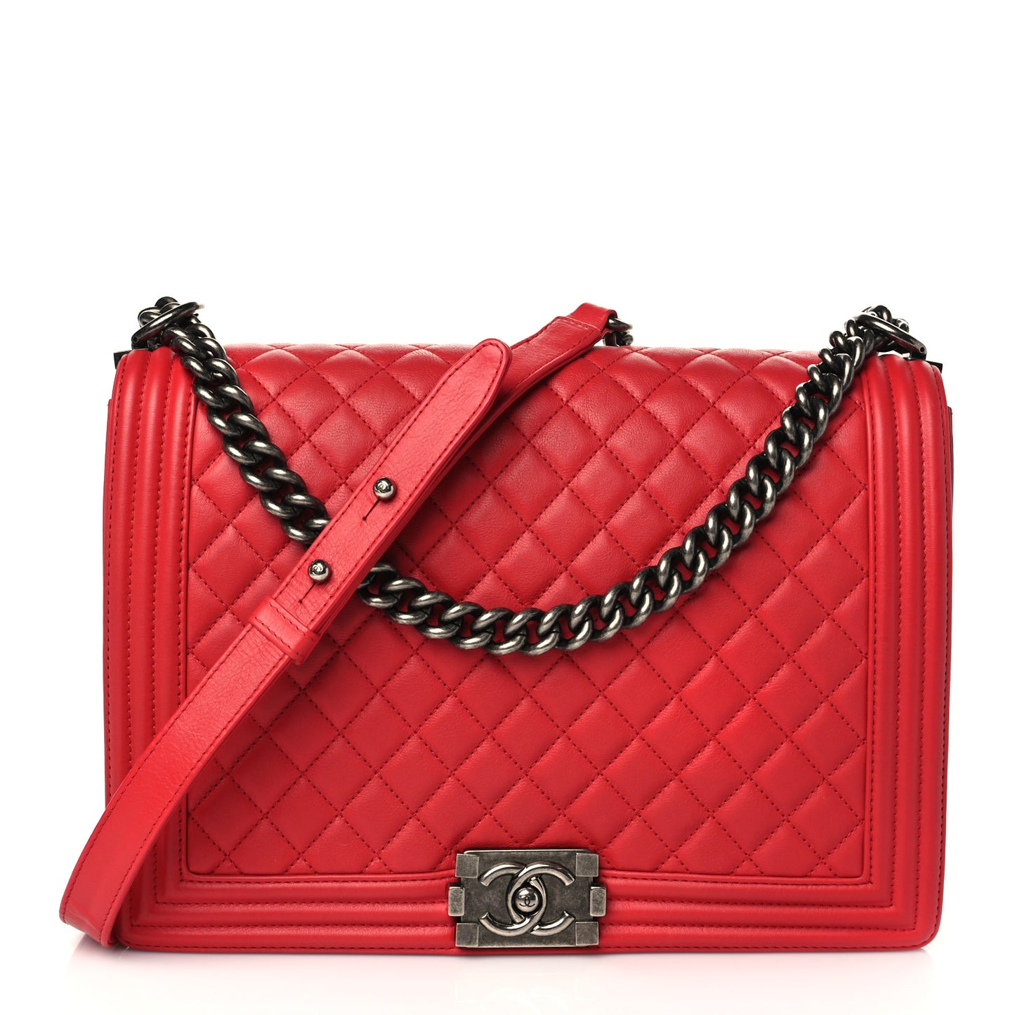 Calfskin Quilted Large Boy Flap Red